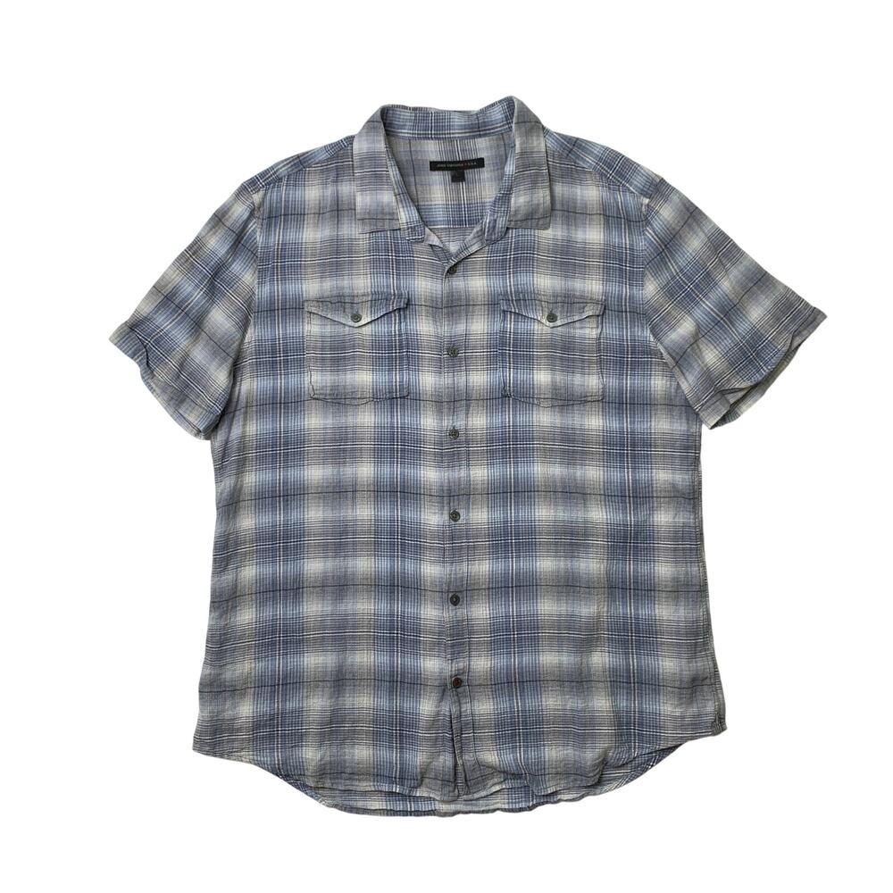 John Varvatos Shirt Mens L Large Blue Gray Cotton Blend Plaid Button Up Pockets